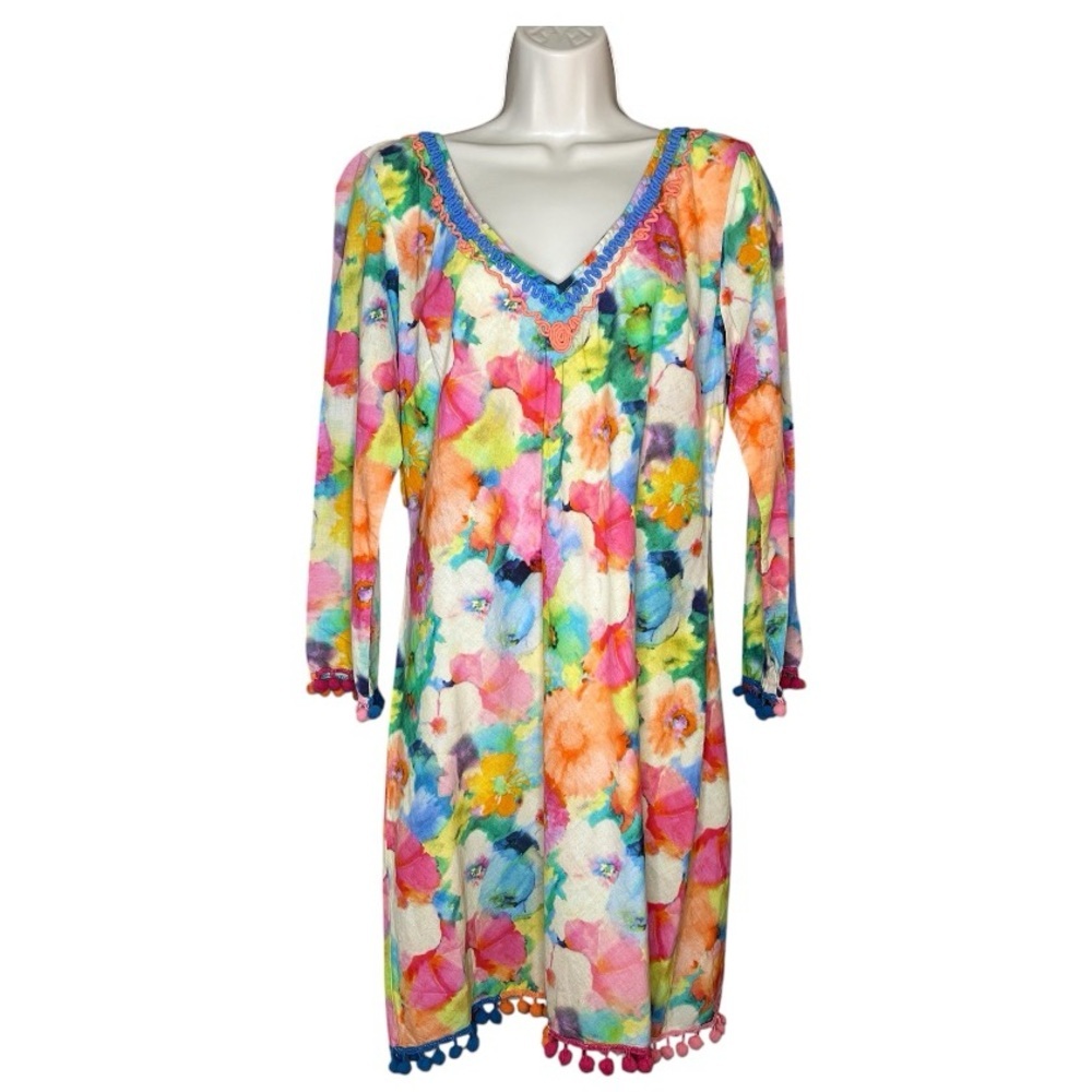 Sundance Watercolor Floral Beach Cover Dress With Pom Poms Colorful Medium